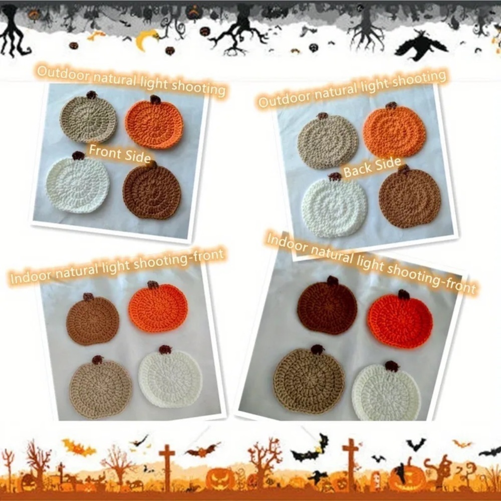 4 Pc Handmade Knitted Pumpkin Shaped Coasters Set New - Picture 7 of 7
